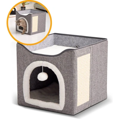 Afbeelding van MIRO® Kattenhuis Met Krabpaal Slaaphol , Mand Hok Bed &amp; Meubel voor Katten Opvouwbaar Krabmat Grijs