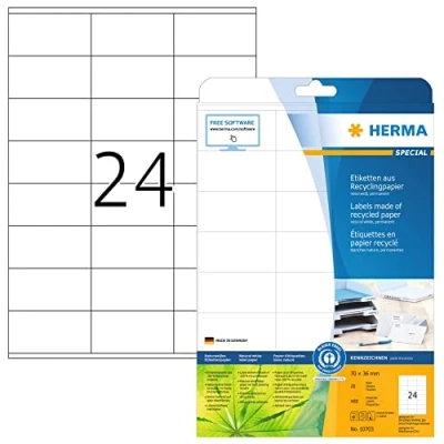 Afbeelding van Etiketten van gerecycled papier, A4, 70 x 36 mm, wit, permanent hechtend