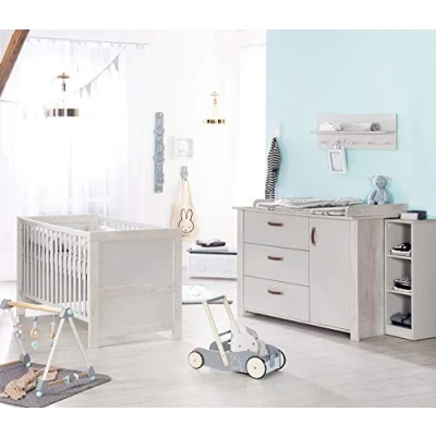 Afbeelding van Roba Mila Kinderkamerset compleet met babybed en 70 x 140 cm commode aankleedkussen grijs/wit