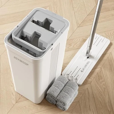 Afbeelding van JOYMOOP Mop en emmer met wringer, platte witte voor vloerreiniging, natte droge bezem wandreiniger lange steel, dweil hardhouten parket 4