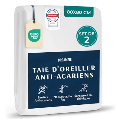 Afbeelding van Dreamzie Set van 2 kussenslopen tegen mijten 80 x cm kussensloop voor mensen met een allergie anti mijt hoes, wasbaar 95 C