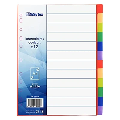 Image de 12 Intercalaires A4 Couleurs Vives en Polypropylène avec Page d&#039;Index