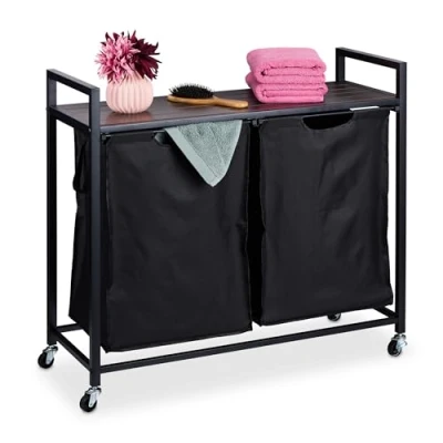 Afbeelding van Relaxdays dubbele wasmand 2 uitschuifbare waszakken wassorteerder op wielen plank