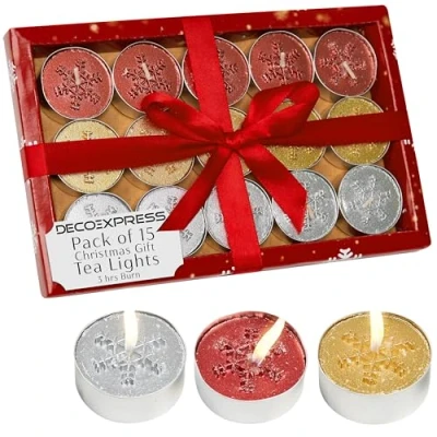 Afbeelding van DECO EXPRESS 15 stuks kersttheelichtjes, set van 6, 12 of met 2,5, 3 6 uur brandtijd, feestelijke kerstdecoratie, ongeparfumeerd