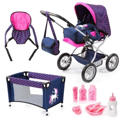 Afbeelding van Bayer Combi Poppenwagen Grande Mega Set Blauw met eenhoorn (15054AB)