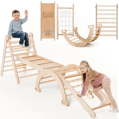 Afbeelding van 4 in 1 indoor klimframe voor peuters houten driehoek, boog en klimhulp net, Montessori klimframe, Kids Wooden Gym, Opvouwbaar Klimspeelgoed kinderen 5 jaar
