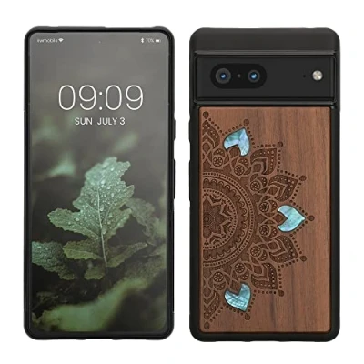 Afbeelding van kwmobile telefoonhoesje geschikt voorGoogle Pixel 7 Hoesje met bumper walnoothout In donkerbruin Parelmoer mandala design