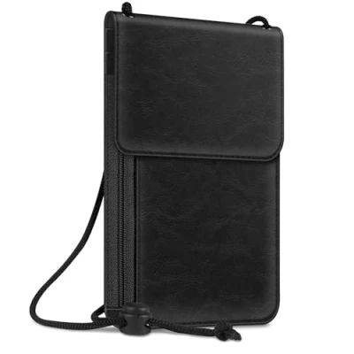 Afbeelding van Fintie Nektas, paspoorttas, RFID blokkering, schoudertas van hoogwaardig kunstleer voor heren, dames, kinderen, jongens en meisjes, zwart, 15 x 11 1 cm