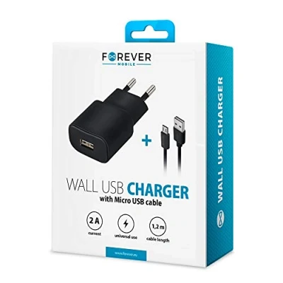 Afbeelding van Forever USB oplader met micro oplaadkabel 1,2 m lange voeding voor iPhone apparaten oplaadadapter stekkeradapter Fast Charge wandlader (zwart)