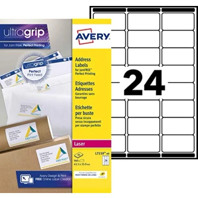 Afbeelding van Avery L7159, Adresetiketten, Laser, Ultragrip, wit, 40 vellen, 24 per vel, 63,5 x 33,9 mm etiket