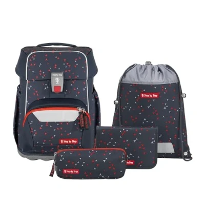 Afbeelding van Step by Schooltas Basis Schulranzen Set 4 delig Anthrazit Triangles Donkerblauw