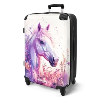Afbeelding van NoBoringSuitcases.com® Koffer groot Rolkoffer lichtgewicht Zijaanzicht van een paard in paars en roze Reiskoffer met 4 wielen Grote trolley XL 20 kg bagage