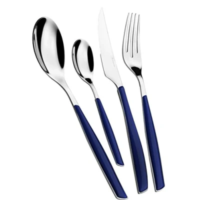 Afbeelding van BUGATTI, Glamour, 24 delige Bestekset van roestvrij staal 18/10 en blauw handvat NACHTBLAUW voor 6 personen, bestaande uit lepels, vorken, messen theelepels