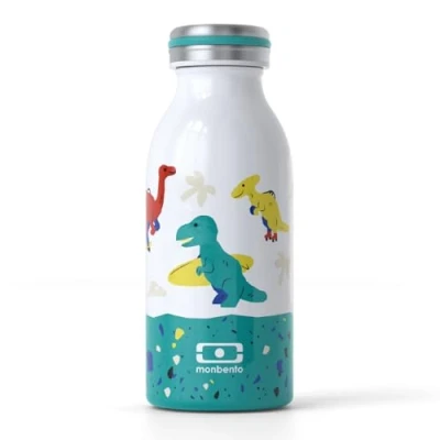 Afbeelding van monbento MB Cooly Dino thermosfles voor kinderen, roestvrij staal, school, picknick, wandelen, 350 ml, warm/koude dranken, BPA vrij, dinosaurus