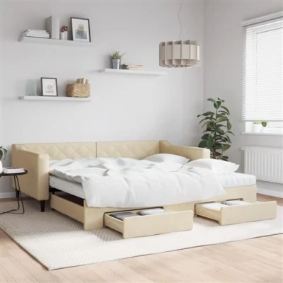 Afbeelding van vidaXL Slaapbank met onderschuifbed en lades 100x200 cm stof crème