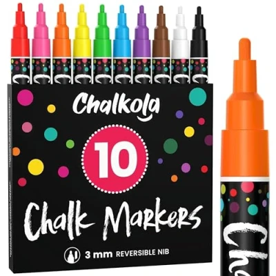 Afbeelding van Chalkola Krijtstiften, 10 stuks, fijne punt, voor schoolbord, borden, ramen, bistro, omkeerbare 3 mm, 50 bordetiketten inbegrepen