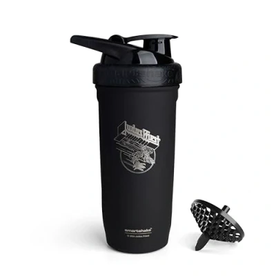 Afbeelding van Smartshake Rockband Reforce Proteïneshakerfles van roestvrij staal, 900 ml, lekvrije schroefsluiting, BPA vrij, uniseks, Judas Priest