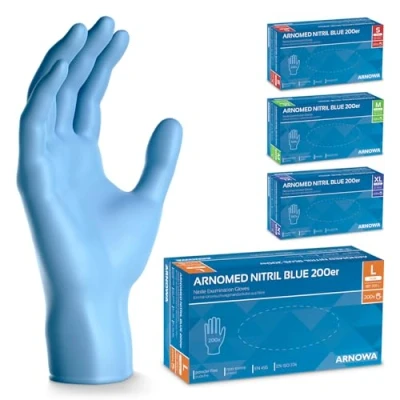 Afbeelding van ARNOMED Blauwe wegwerphandschoenen, 200 stuks/doos, nitril handschoenen maat L, poedervrij en latexvrij, verkrijgbaar in de maten S, M, L XL
