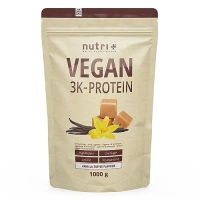 Afbeelding van nutri+ Vegan 3K Protein Eiwitpoeder Vanilla Toffee Veganistisch proteïne poeder met proteïnen uit soja, erwten en zonnebloem lactosevrij glutenvrij 1000 g