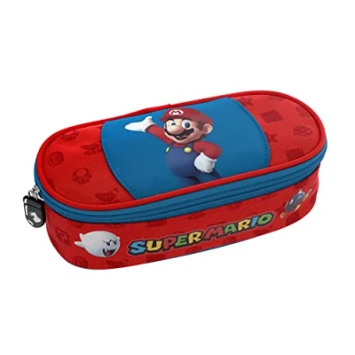 Afbeelding van Super Mario Officiële schooltas, ovaal etui met binnenvak, scheidingswand elastische lussen en praktische ritssluiting, 22 x 7 9,5 cm, rood blauw, Rood, Eenvoudig