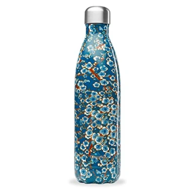 Afbeelding van Qwetch thermosfles Flowers, blauw, 750 ml drinkfles voor onderweg, roestvrij staal, 24 uur koud en 12 warm waterdicht, BPA vrij herbruikbaar sport, reizen, kantoor, wandelen