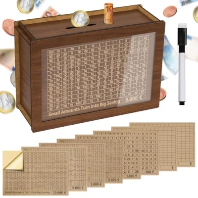 Image de Alyvisun Tirelire en bois, 5000 avec autocollants et marqueur, réutilisable Compte Argent Cash Box Objectif d&#039;épargne Numéros 500 10000 pour enfants adultes