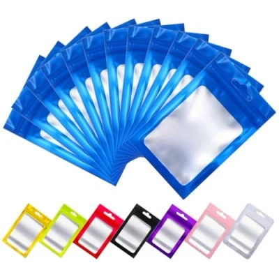 Afbeelding van Rimiko 150 stuks aluminium ritszakken met venster, luchtdichte ritszak ophanggat, hersluitbare transparante mylar zak voor verpakking en opslag van levensmiddelen, voorwerpen (blauw, 10,5 x 15 cm)