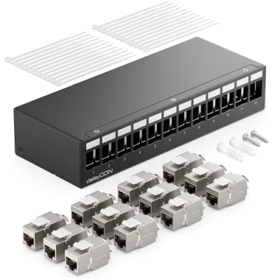 Afbeelding van deleyCON 12 Poorten CAT7 patchpanelenset met x CAT.7 RJ45 module Jack Keystone STP 10 Gbit/s compatibel installatiekabel CAT6 CAT6a CAT8 Ethernet LAN DSL netwerkkabel zwart