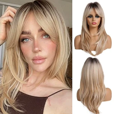 Afbeelding van OUFEI Blonde pruiken voor vrouwen, lange en rechte pruik met pony, kunsthaar, kleurverloop, donkere wortels, dagelijks gebruik party
