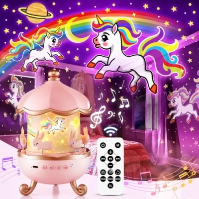 Afbeelding van ONEFIRE Nachtlampje voor baby&#039;s, kinderen, met sterrenhemelprojector, muziek en licht, 6 thema&#039;s, 360 graden draaibaar, afstandsbediening, led lamp, kawaii, decoratief, white noise, meisjes, cadeau