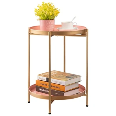 Afbeelding van HollyHOME Ronde salontafel met metalen blad, 2 legplanken, salontafel, bank, theetafel, voor woonkamer, slaapkamer, balkon, terras, goud en roze