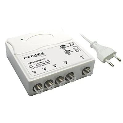 Afbeelding van Metronic 414114 VHF/UHF tv versterker voor terrestrische digital met LTE filter, VHF 20 DB en UHF 28 DB, verstelbaar, 1 ingang/4 uitgangen, binnen, wit