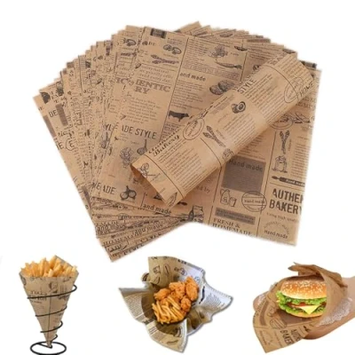 Afbeelding van Deli 100 vellen bakpapier voor manden, groot formaat 38 x 28 cm, mat oliebestendig papier, hamburgerpapier, boterbrood, kaas, friet
