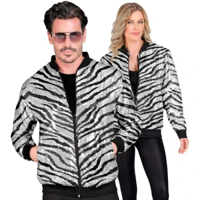 Afbeelding van Widmann Grappig &amp; Fout Kostuum Bomberjack Shiney Stripes Zebra Pailletten Jas Zilver Small / Medium Carnavalskleding Verkleedkleding