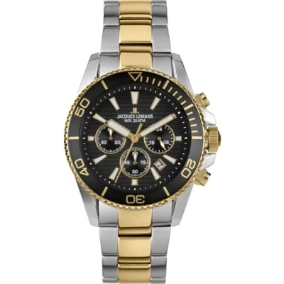 Afbeelding van JACQUES LEMANS 1 2206 Liverpool Diver Herenhorloge met siliconen band en leren oppervlak of metalen 44 mm chronograaf 20 ATM, Tweekleurig/metalen armband