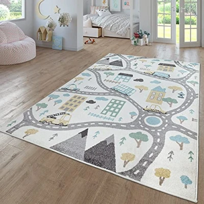 Afbeelding van TT Home Tapijt voor kinderkamer, baby, meisjes, jongens, modern, regenboog, wolk, dierenmotief, meerkleurig, kleur: crème 3, afmetingen: 240 x 340 cm