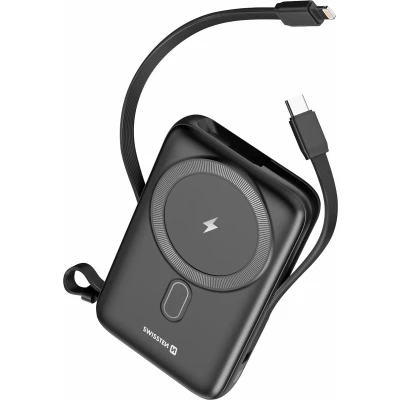 Afbeelding van Swissten Powerbank Geschikt voor Magsafe 10.000 mAh 20W Ingebouwde kabels iPhone 12/13/14/15 Zwart