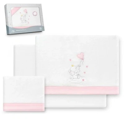 Afbeelding van Interbaby Underzy Beddengoedset van 100% polyester, met hoeslaken, laken en kussensloop, motief olifant, hartvorm, wit/roze, 60 x 120 cm