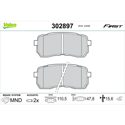 Afbeelding van VALEO 302897 Remblokkenset Achteras Incl. slijtage waarschuwingscontact Zonder schroeven, Met anti kreukplaat
