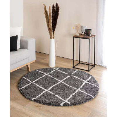 Afbeelding van Rond Hoogpolig Tapijt/Vloerkleed Ruiten Artisan Grijs/wit 120 Cm