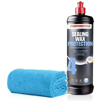 Afbeelding van detailmate auto onderhoudsset, polijstset: Menzerna polijstmiddel Heavy Cut, Medium Finish, carnauba/polymeer Wax + microvezel polijstdoek voor het polijsten van lak (Sealing Protection, 1 liter)