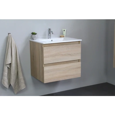 Afbeelding van Basic Line Bella Badkamermeubelset 60x55x46cm 1 wasbak Keramiek Wit kraangat Zonder spiegel MDF Eiken