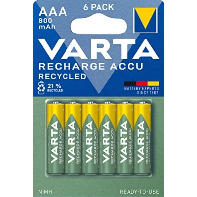 Image de VARTA Piles AAA, rechargeables, lot de 6, Recharge Accu Recycled, 800 mAh Ni Mh, fabriquées avec 21% matériaux recyclés, préchargées, prêtes à l&#039;emploi