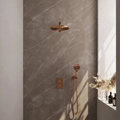 Afbeelding van Brauer Carving 30cm Rechte wandarm 3 Standen handdouche Zonder glijstang Geborsteld koper PVD