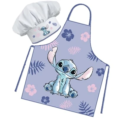 Afbeelding van Sorrisini Keukenschort voor kinderen, schort verstelbare koksmuts, kokskoksschort kinderen om te koken, bakken, schilderen, 3 8 jaar Stitch Lilo, Veelkleurig.