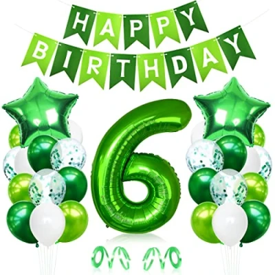 Afbeelding van Bluelves 6 jaar verjaardagsballon, cijfer 6, groene heliumballonnen, verjaardagsballon voor kinderen, meisjes en jongens
