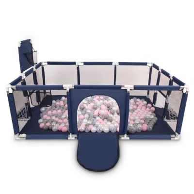 Afbeelding van Selonis box baby grote speeltuin met 100 ballen voor kinderen, donkerblauw:parelmoer/grijs/transparant/poederroze