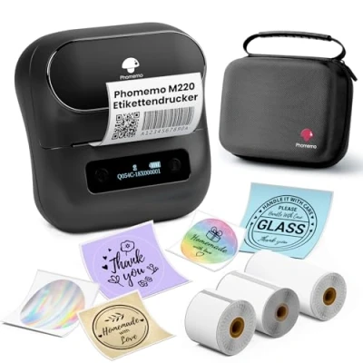 Afbeelding van Phomemo M220 Thermische labelprinter, bluetooth, adreslabels voor barcode, thuis en kantoor, schoolatikettering, Android iOS, 3 etiketten 1 opbergdoos