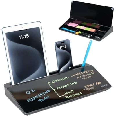 Afbeelding van VIVO 40,6 x 17,8 cm droog uitwisbaar glazen bord met opbergruimte, bureau organizer verborgen vakken en apparaatsleuf, zwart, DESK WB16B