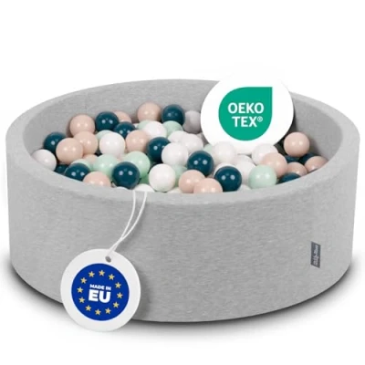 Afbeelding van KiddyMoon 90 x 30 cm/200 ballen met een diameter van 7 cm, rond, lichtgrijs: donkerturquoise/pastelbeige/wit/mint